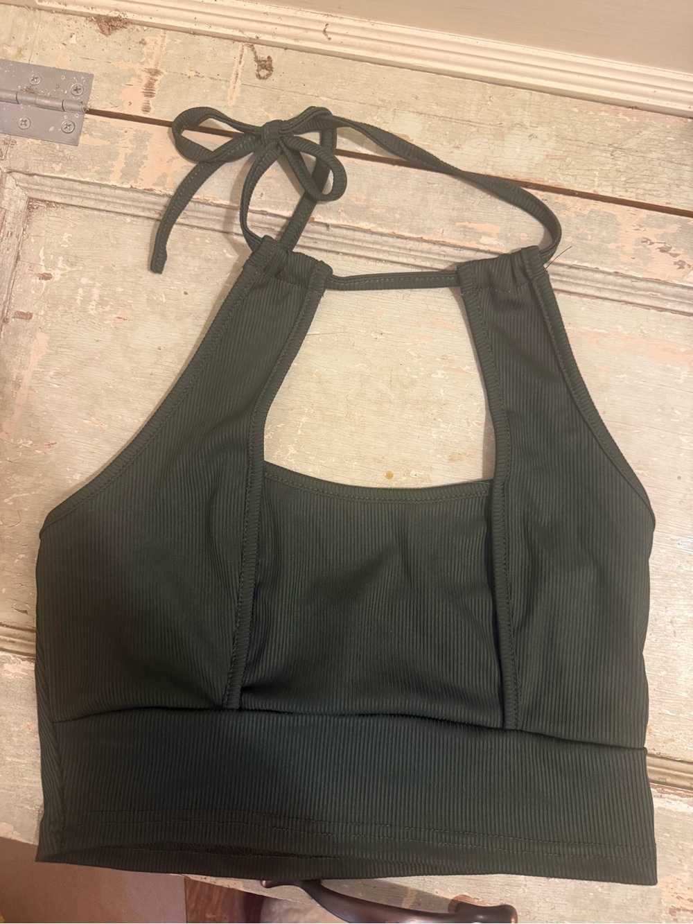 SHEIN Dark Green Ribbed Halter Crop Top Open Back Size S